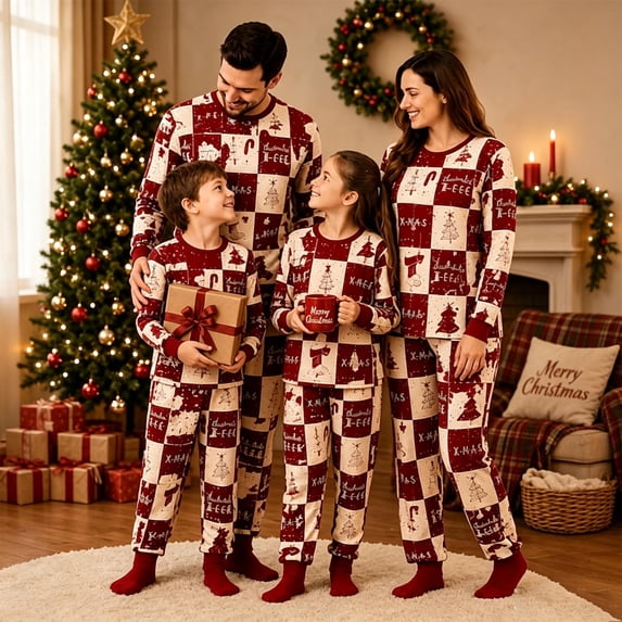 Shadoumai Family Christmas Pajamas Matching Sets Xmas PJs Holiday Family Sets Sleepwear Pjs Cute Santa Graphic Print Pj Outfits Long Sleeve Tops and Plaid Pant Sets