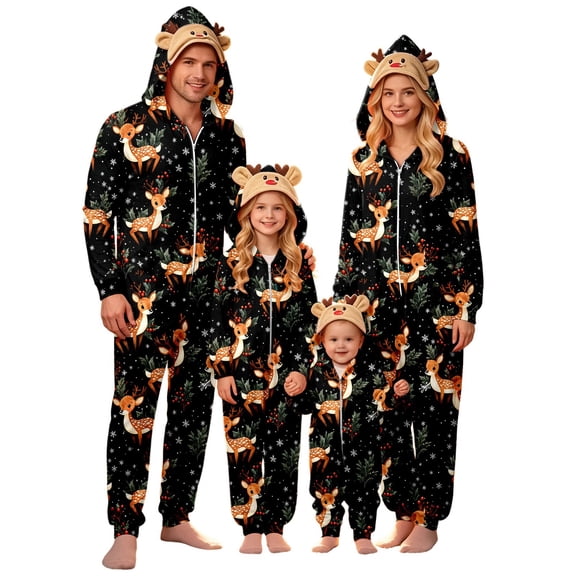 Shadoumai Family Christmas Pajamas Matching Sets Xmas Pjs for Family Cozy Christmas Sleepwear Front Zipper Closure, Reindeer Hood Holiday pajamas, Ribbed Cuffs