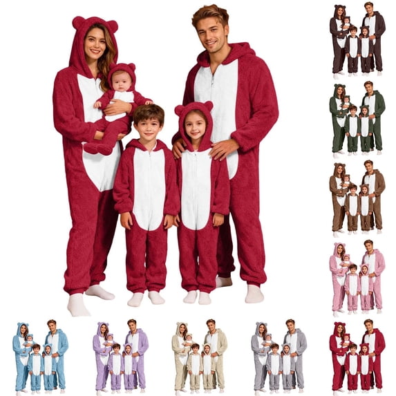 Shadoumai Family Matching Hooded Pajamas Fuzzy Christmas Onesie Pajamas Jumpsuits One Piece Zipper Hooded Warm Sherpa Romper Sleepwear Cute Playsuit