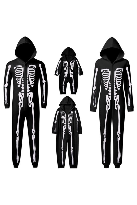 Family Matching Halloween Onesie Pajamas, Funny Skeleton Hooded Zipper Pjs Holiday Loungewear Fall Clothes For Men/Women