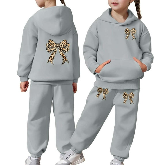 Shadoumai Fashionable Bow Print Pullover Hoodie and Jogger Pants Cozy Two Piece Tracksuit Outfit for Girls