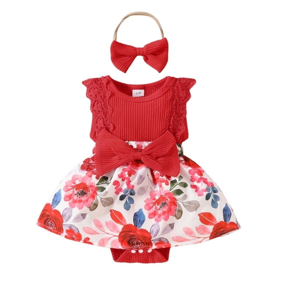 Shadoumai Girl Baby Sleeveless Lace Trim Jumpsuit Flower Bow Romper Outfit Headband 0-1 Year Old Summer Clothes