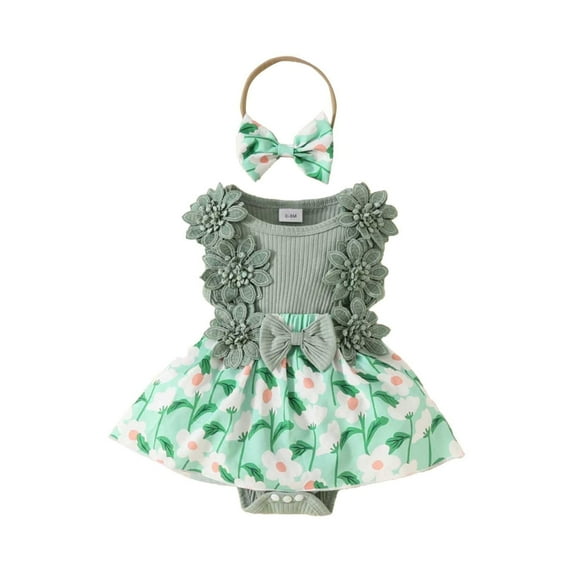 Shadoumai Girl Baby Sleeveless Lace Trim Jumpsuit Flower Bow Romper Outfit Headband 0-1 Year Old Summer Clothes