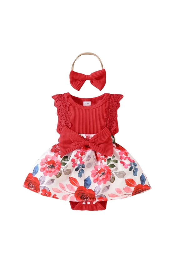 Girl Baby Sleeveless Lace Trim Jumpsuit Flower Bow Romper Outfit Headband 0-1 Year Summer Clothes