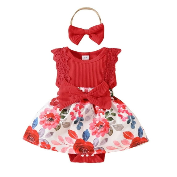 Shadoumai Girl Baby Sleeveless Lace Trim Jumpsuit Flower Bow Romper Outfit Headband 0-1 Year Old Summer Clothes