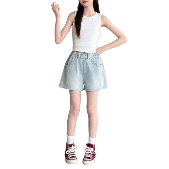 Shadoumai Girl Ripped Jean Shorts Cute Summer High Waisted Denim Shorts Jorts with Pocket Kids Comfortable Clothes