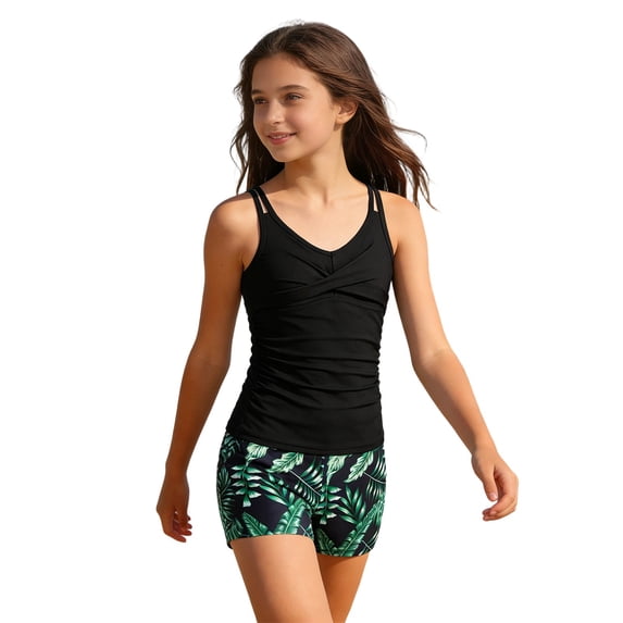 Shadoumai Girls' 2 Piece Tankini Swimsuit Summer Bathing Suit Ruched Tank Swim Shorts Kids Swimwear for 9-18 Years