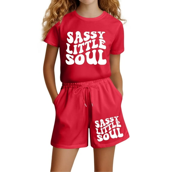 Shadoumai Girls 2 Pieces Outfits Summer Cute Print Short Sleeve T-Shirts Top + Shorts Soft Hoodie Pullover Tops Sweatshirt Pants