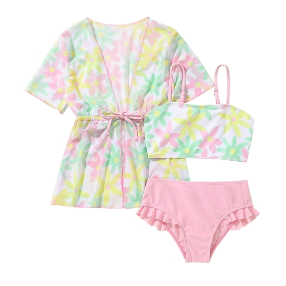 Shadoumai Girls 3 Piece Swimsuit Bathing Suits Solid Bikini Set with Printed Sports Shorts Swimwear for 9-16Y Girls
