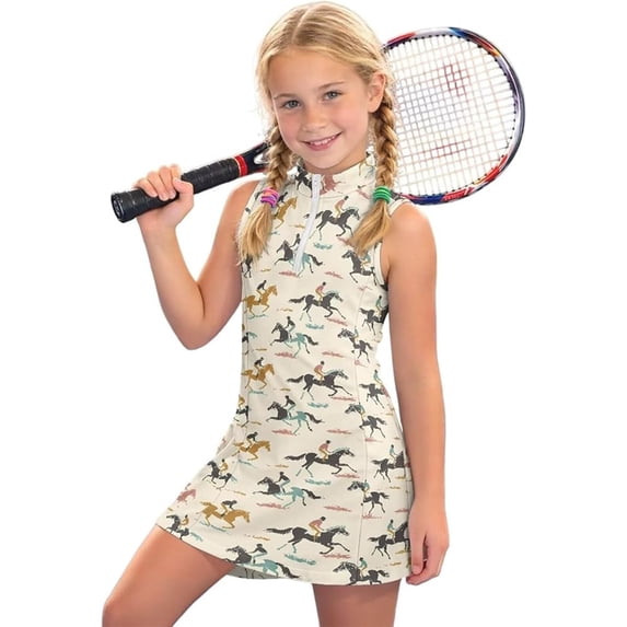 Shadoumai Girls Athletic Dress Sleeveless Tennis Dress for Girls Golf Outfit Half Zipper Tank Dresses with Pockets,Girls Athletic Tennis Dress With Shorts