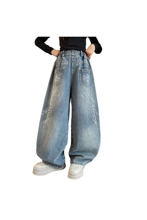 Girls Baggy Jeans With Embroidered Lettering Retro Wide Leg Pants for Teen Girls Casual Streetwear Fashion Comfortable Stretch Denim