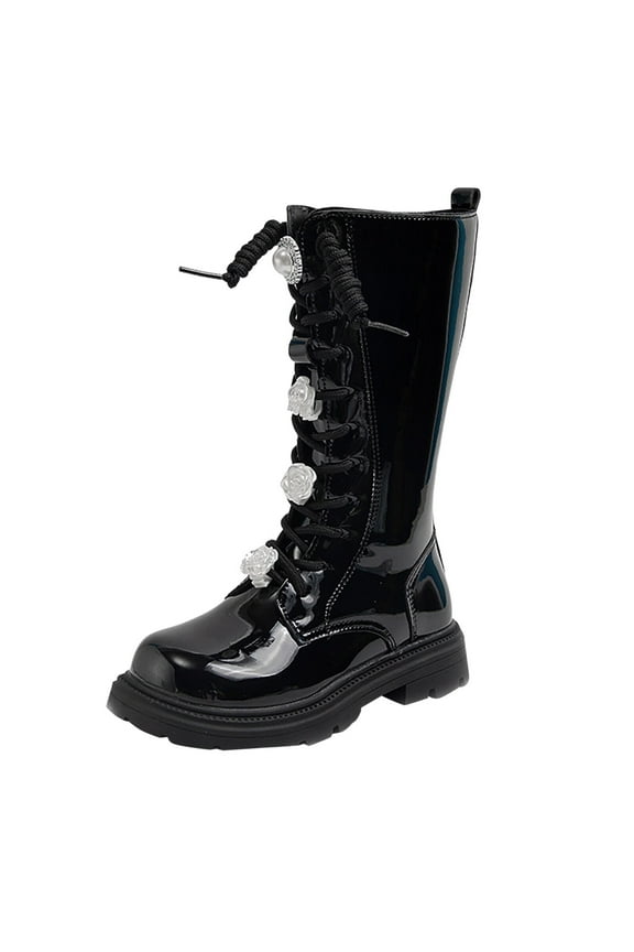 Girls Boots Fashion High Sleeve Leather Boots for Little Girls with Side Zipper and Camellia Flower Accessories Stylish Comfortable Durable