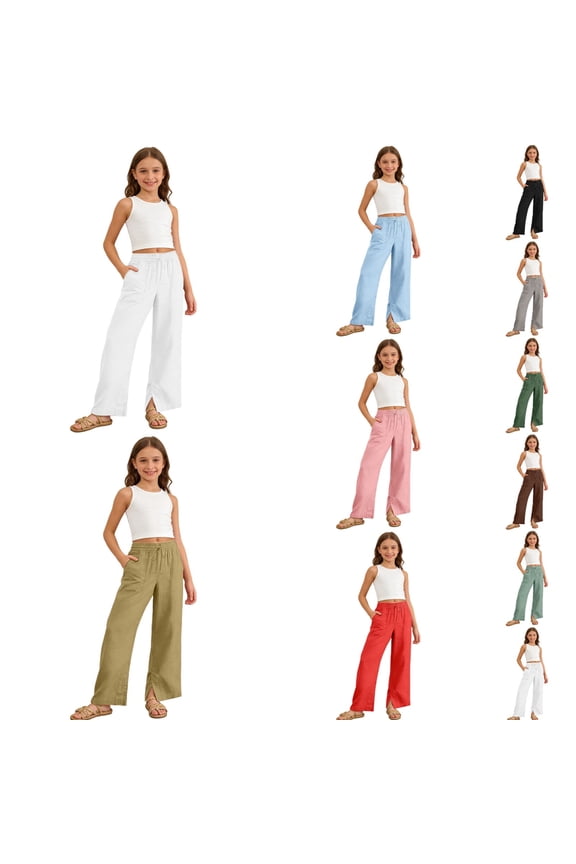 Girls Cotton Linen Pants Summer Elastic Waist Wide Leg Pants Lightweight Flowy Boho Beach Vacation Lounge Trousers,White(11-12 Years)