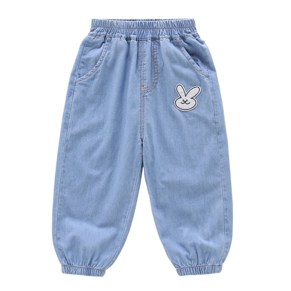 Shadoumai Girls Denim Pants Summer Lightweight Soft Loose Fit Casual Long Trousers for Toddler Kids Baby Proof
