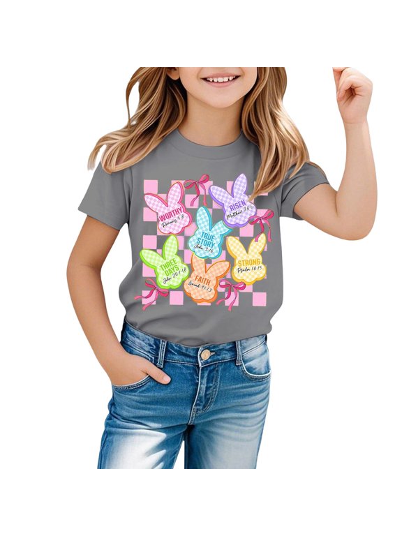 Girls Easter Shirt Size 8 Easter Day Cartoon Print Round Neck Short Sleeve T-Shirt Soft Back To School Shirt T-Shirts Infant To Big Kid