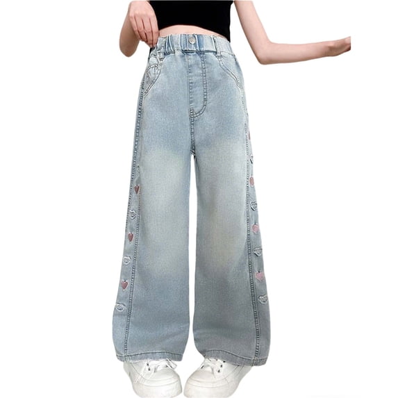 Shadoumai Girls Fashion Denim Pants Straight Leg Wide Cuff Casual Trousers With Embroidered Side Heart Design for Autumn