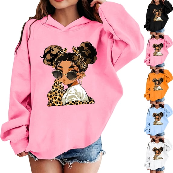 Shadoumai Girls Graphic Hoodies Printed Pattern Long Sleeve Hooded Sweatshirt Casual Sweatshirts Children Fall Winter Kids Clothes Girls