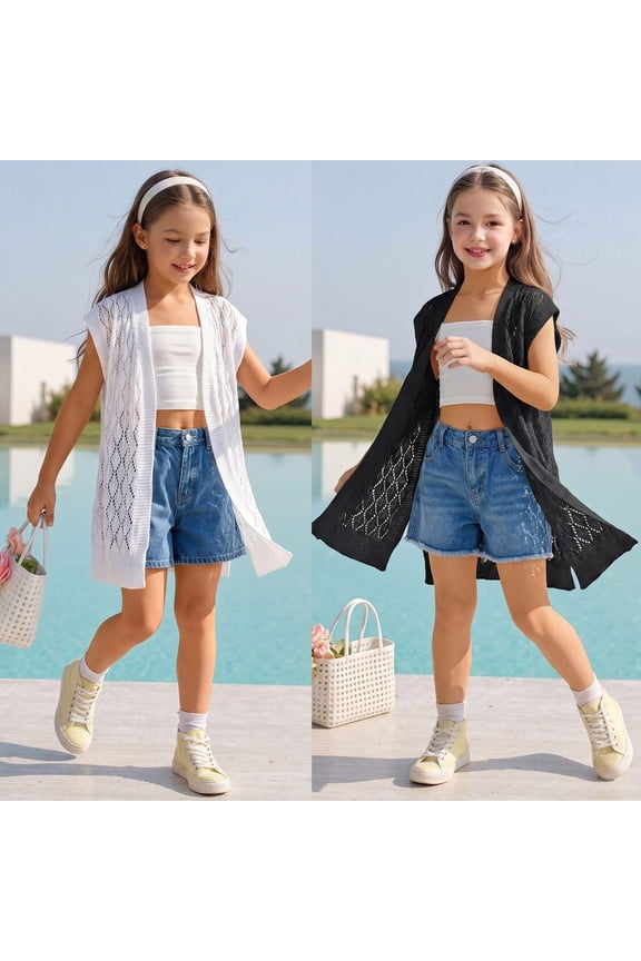 Girls Half Length Openwork Knit Vest Cardigan, Lightweight Sun Protection Summer Cover Up Sleeveless Sweater Layering Coverup top Back to School tops School Uniform Clothes