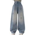 thumbnail image 1 of Shadoumai Girls Heart Rhinestone Denim Jeans Loose Straight Leg High Waist Long Pants Casual Trousers for Kids Tweens, 1 of 8