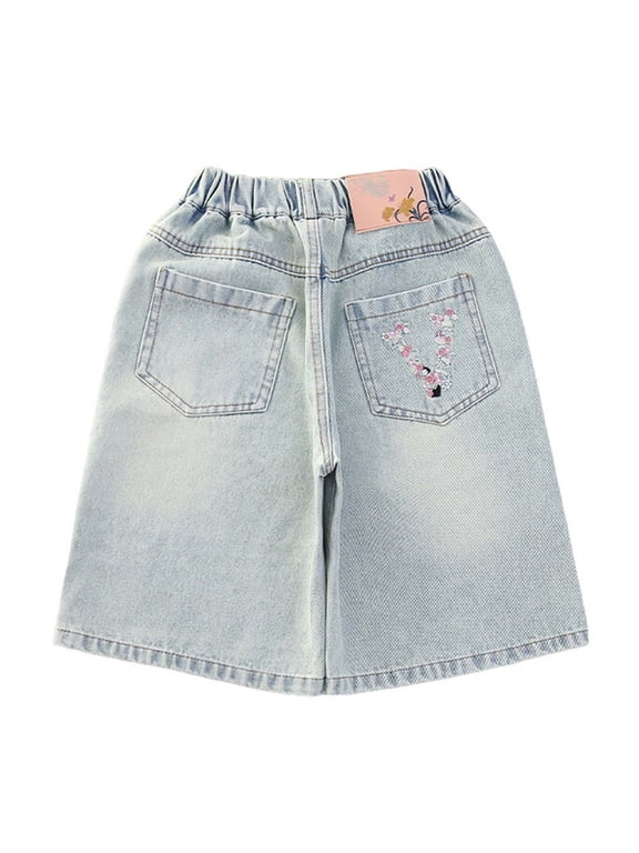 Girls Knee Length Jean Shorts Kids Trendy Baggy Denim Shorts Pockets Vintage Retro Jorts Summer Wide Leg Denim Jeans Bottoms