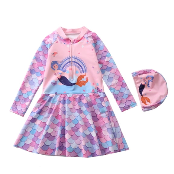 Shadoumai Girls Long Sleeve Swimsuit With Skirt Scale Print Design Rash Guard Swimwear Built In And Shorts