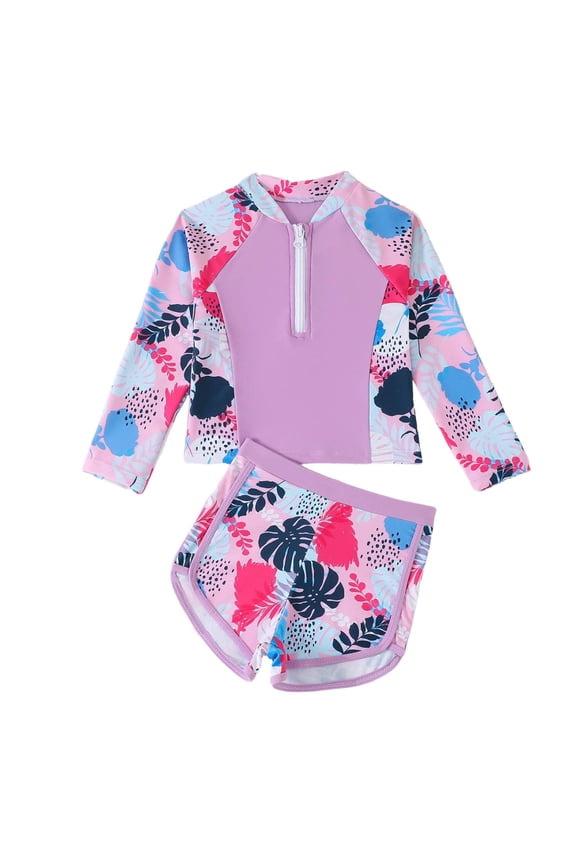 Girls Long Sleeve Zip Up Rash Guard And Floral Print Bikini Two Piece Swimwear For Surfing Sun