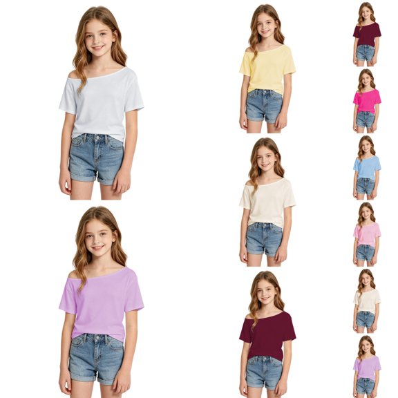 Shadoumai Girls Off The Shoulder Tops Short Sleeve Oversized Tshirts Summer Casual Loose Fit Basic Tees Y2K Going Out Tops