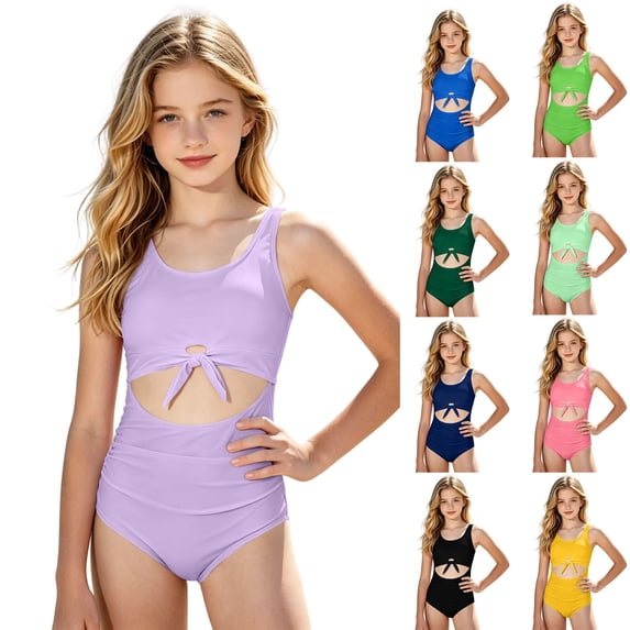 Shadoumai Girls One Piece Swimsuit Size 8-9 Trim Wrap Tie Back Tankini Sets Lightweight Color Block Bathing Suit Ruched Adjustable Strap Beach Swimwear