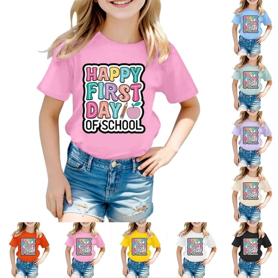 Shadoumai Girls Oversized T Shirts First Day Of School Crewneck Short Sleeve T-Shirt Graphic T-Shirts Cotton Holidays Tops Clothes for Girls