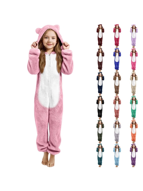 Girls Plush Onesie Teddy Bear Hooded Rompers Cozy Soft Fuzzy Furry Full Body Jumpsuits Warm Fall Winter Animal Outfits