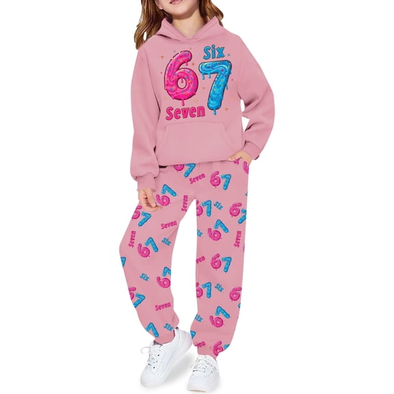 Shadoumai Girls' Printed Hooded Sweatshirt and Jogger Pants Soft Casual Two-Piece Everyday Outfit Set