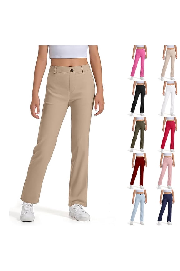 Girls School Uniform Pants Tween High Waist Flare Slacks Graduation Outfit Formal Bootcut Bottom Khaki Size 6-7