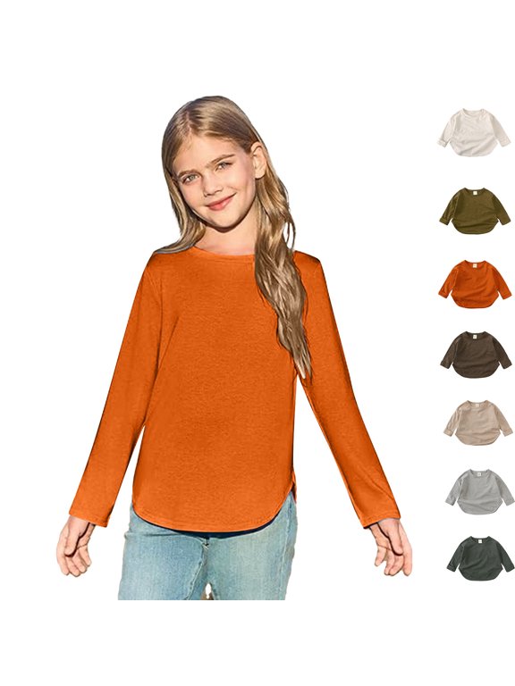 Girls Side Slit Arc Hem Long Sleeve Tunic Tee, Super Soft Loose Casual Shirts Trendy Curved Hem Daily tops Kids Long Sleeve T Shirt First Day of School Shirt School Uniform Shirts