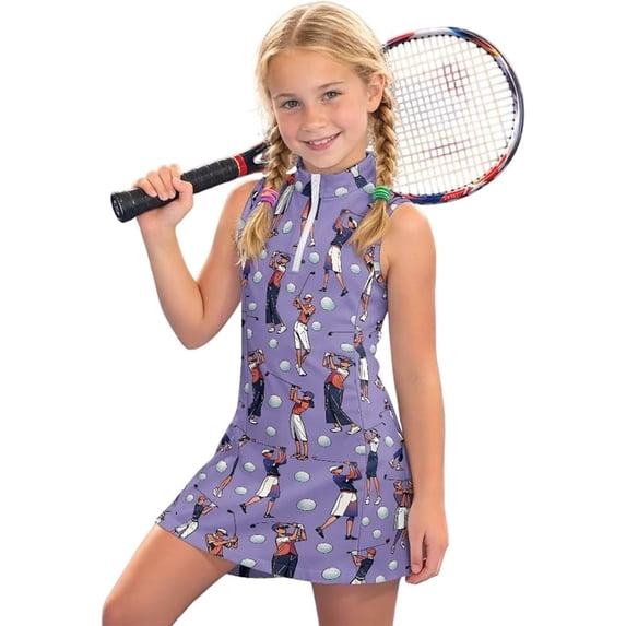 Shadoumai Girls Sleeveless Tennis Dress Kids 1/4 Zipper Golf Dress School Sports Dresses Outfit with Pockets,Athletic Tennis Girls Dress