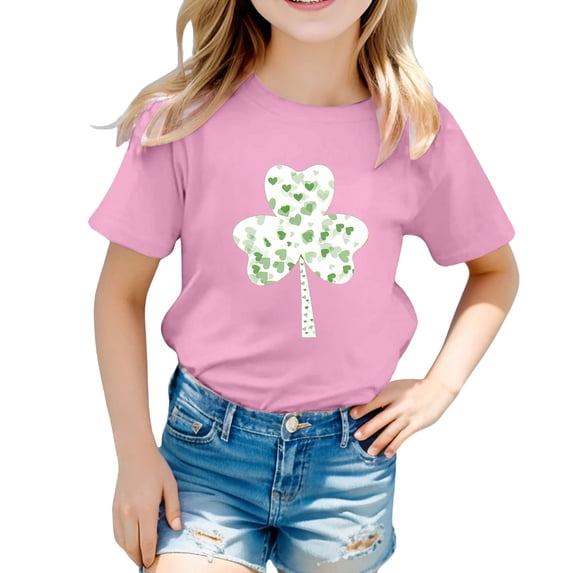 Shadoumai Girls' St. Patrick's Day T-Shirt, Pink with Green Sequin Shamrock, Short Sleeve