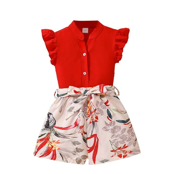 Shadoumai Girls Summer Clothes 2 Piece Outfits Ruffle Sleeveless Top and Floral Shorts with Pockets Girls Clothing Sets 4-8Y