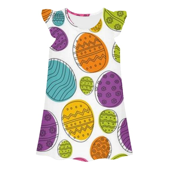 Shadoumai Girls Summer Dresses Size 8 Flutter Sleeve Easter's Day Cartoon Printed Outerwear Princess Dresses Baby Sets Fornewborn Girls