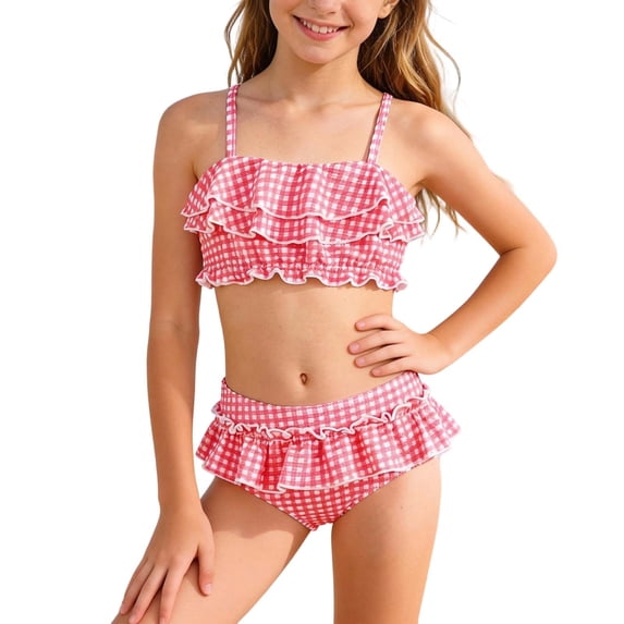 Shadoumai Girls Summer Swimsuit Color Block Padded Adjustable Strap Tankini Ruched Swimwear Set Two Piece Beach Bathing Suit