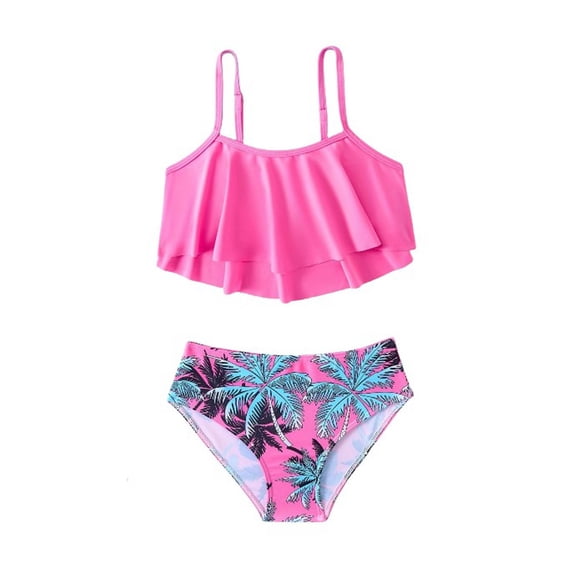 Shadoumai Girls Summer Swimsuit Color Block Padded Adjustable Strap Tankini Ruched Swimwear Set Two Piece Beach Bathing Suit