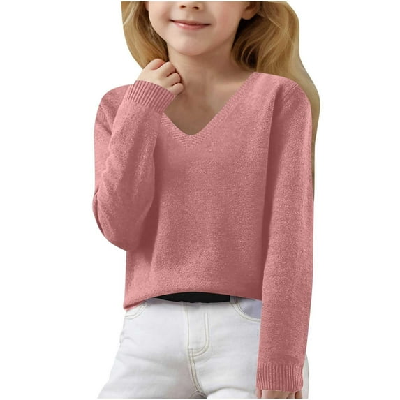 Shadoumai Girls Sweaters V Neck Knit Pullover Long Sleeve Soft Warm Cozy Casual Autumn Winter Tops for Teens 6-15 Years