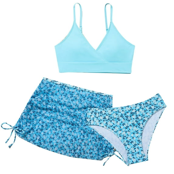 Shadoumai Girls Swimsuit 3 Piece Bathing Suits Flounce Bikini Tankini Set Beach Swimwear with Cover Ups Skirt for 3-8 Years
