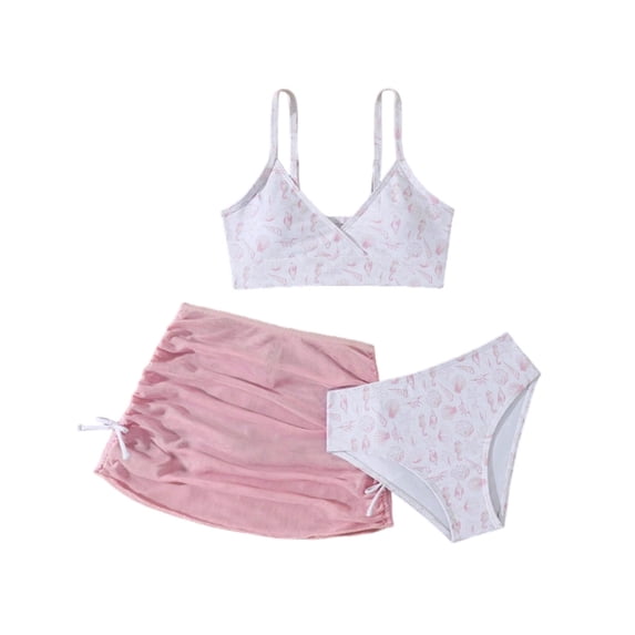 Shadoumai Girls Swimsuit 3 Piece Bikini Bathing Suit Criss Cross Swimwear Sets with Mesh Cover Up Pants 6-16Y