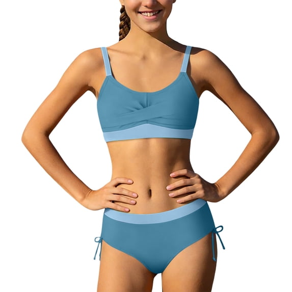 Shadoumai Girls Swimsuit Bikini Set Color Block 2 Piece Bathing Suits Adjustable Straps Girls' Swimwear Size 7-16Y