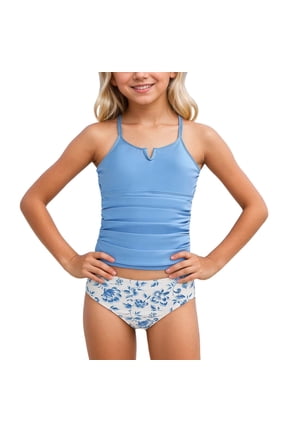 Girls Swimsuit Cutout Princess Bikini Set Adjustable Straps Tankini Sets Two Piece Bathing Suit Contrast Beach Swimwear