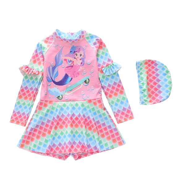 Shadoumai Girls Swimsuit Long Sleeve Bathing With Hood UPF 50 Sun Rash Guard For Kids Beach Pool