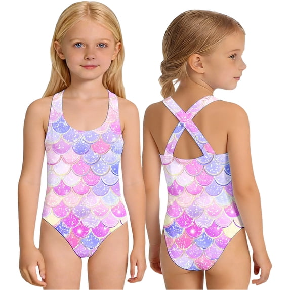 Shadoumai Girls Swimsuit One Piece Cutout Trim Wrap Tie Back Tankini Quick Drying Cute Printed Bathing Suit Swimwear with Cover Up Beach Skirt with Chest Pad