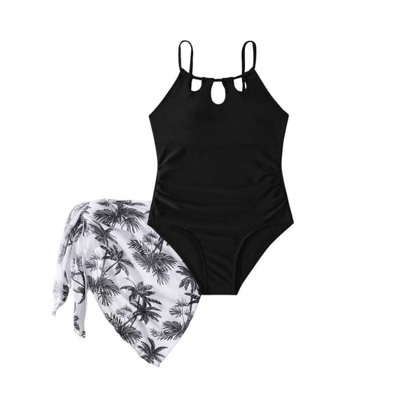 Shadoumai Girls Swimsuit One Piece Size 12-14 Keyhole Tankini Sets Quick Drying Tropical Print Beach Skirt Cute Ruched Bathing Suit Swimwear Shorts and Skirt with Chest Pad