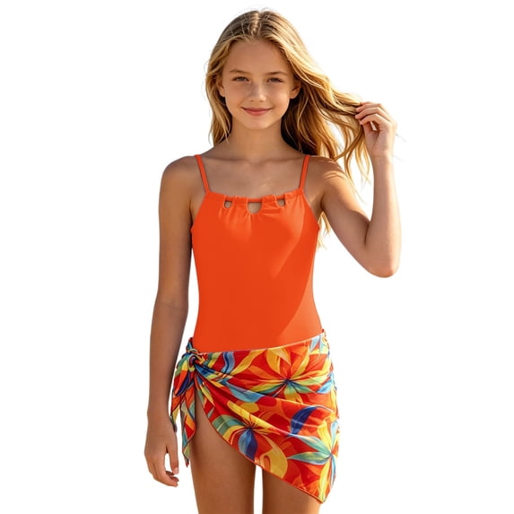 Shadoumai Girls Swimsuit One Piece Size 6 Ruffle Ruched Tankini Sets Quick Dry & Stretchy Tropical Print Bathing Suits for Girls Summer Girl's Swimwear Adjustable Wide Straps