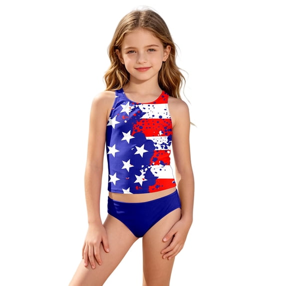 Shadoumai Girls Swimsuit Ribbed Bikinis for Adjustable Straps Tankini Set 2-Piece Girls Bathing Suit Contrast Trim Swimwear Set Girl