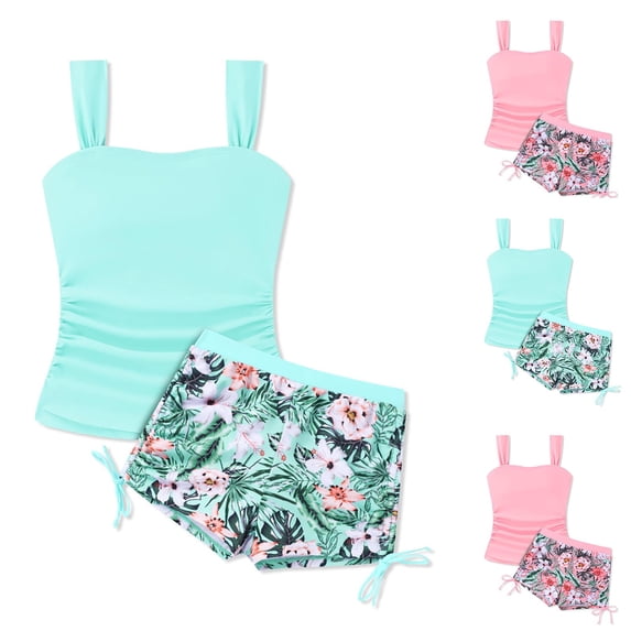 Shadoumai Girls Swimsuit Ruched Side Bikini Sets Drawstring Bottoms Girls Tankini Swimsuit 2-Piece Ruched Side Girls Bathing Suit size 6